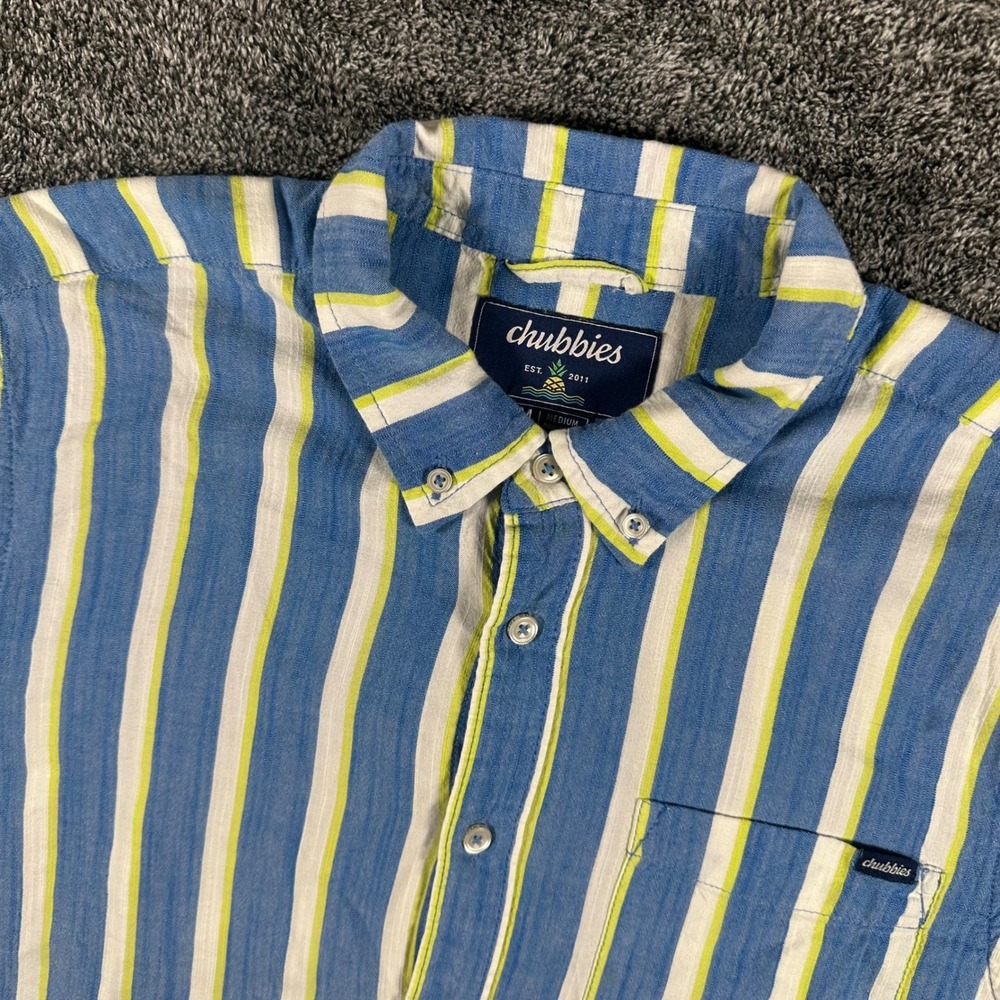 Chubbies Shirt Mens Medium Blue Green White Striped Button Down Short Sleeve